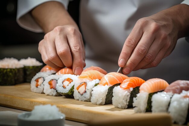 A Japanese sushi chef's artistry crafting fresh salmon rolls