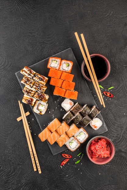 Japanese sushi on a dark surface