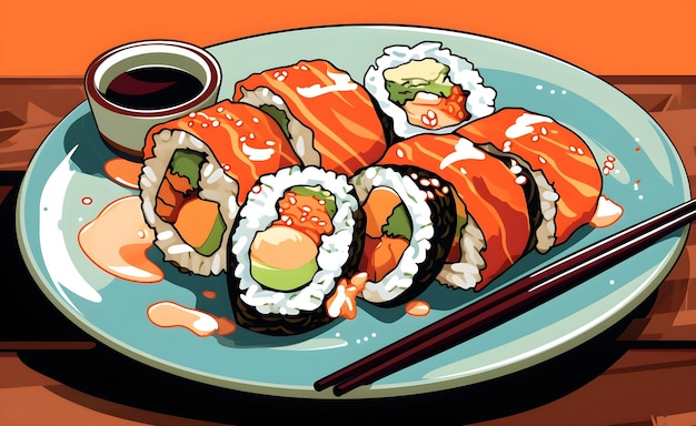 Japanese sushi on a plate with chopsticks on a wooden towel