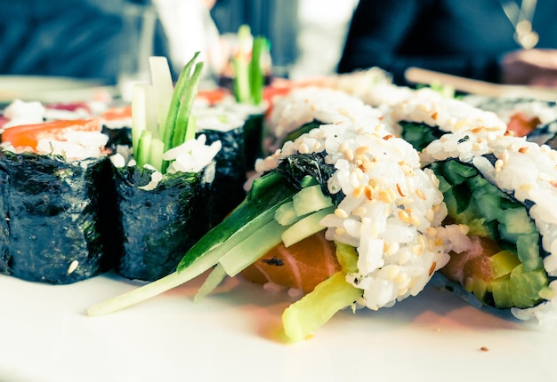 Japanese sushi in a restaurant at lunch time asian cuisine