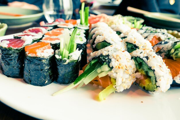 Japanese sushi in a restaurant at lunch time asian cuisine