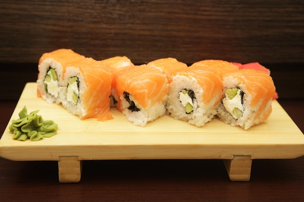 Japanese sushi served on wooden board