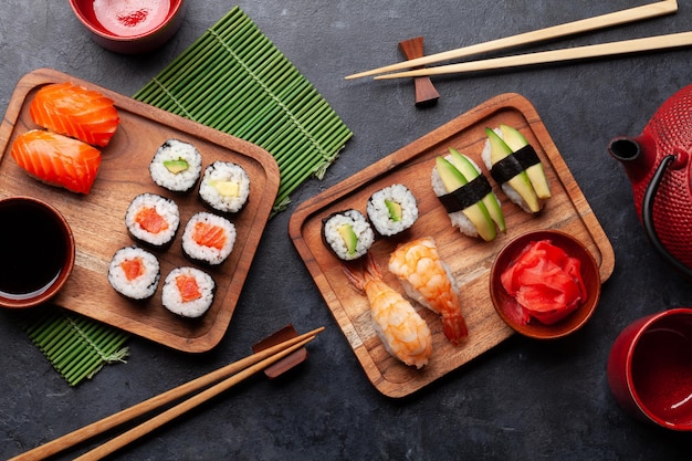 Japanese sushi set Top view flat lay