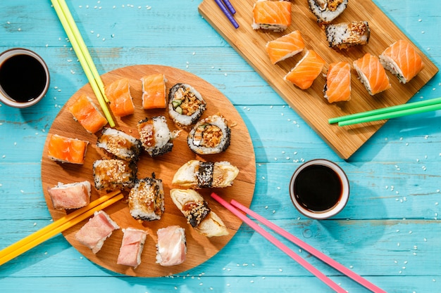 Japanese sushi on wooden boards