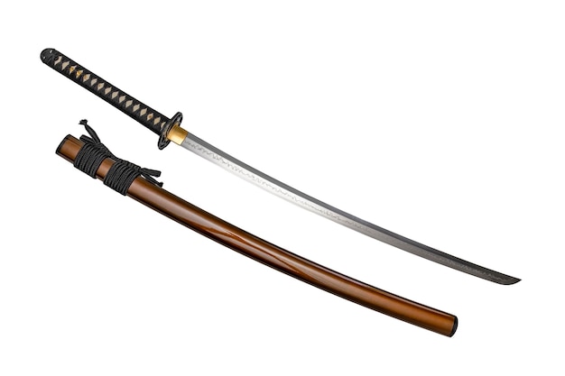 Japanese sword with black cord steel fitting and shiny brown gold scabbard on white background Selective focus