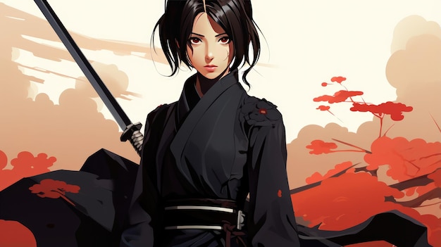 A Japanese Swordswoman with Black Tied Hair and a Black uniform