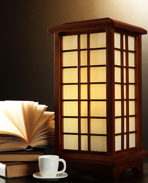 Japanese table lamp on brown background