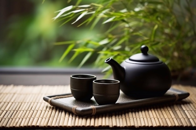 Japanese Tea black Hot Teapot And Teacups On Bamboo