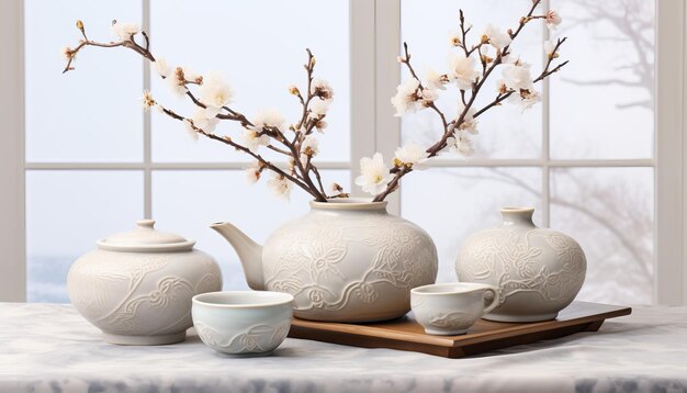 Japanese tea ceremony white clay cups and teapot with cherry blossom