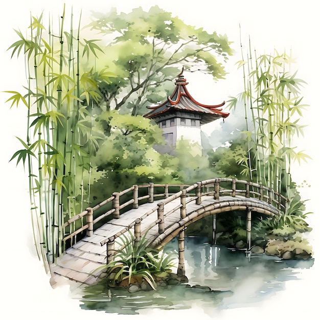 Japanese Tea Garden Japanese Tea Plants Traditional Tea Hous Cozy Watercolor Of Nature Decorative