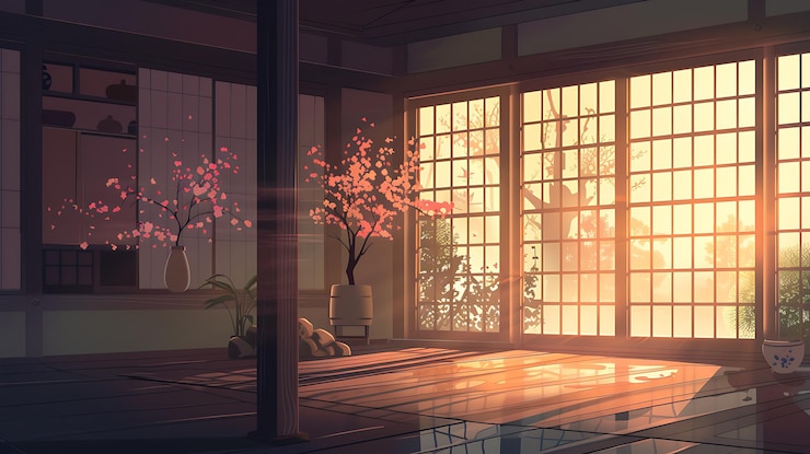 Photo japanese tea room interior with sunlight and cherry blossoms