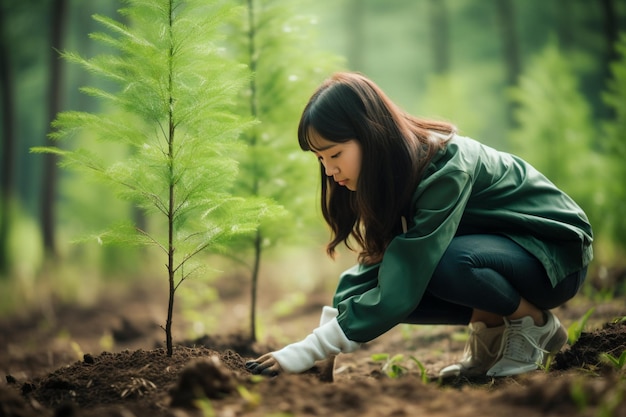 Japanese teenage girl planting trees