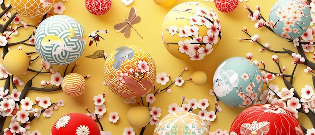 일본의 테마리 공 모양의 현대적인 노란색 배경은 체리 꽃이 피고 드래곤플라이 금색 물고기 잎과 소나무 장식품이 있습니다.