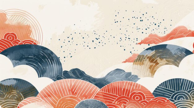 Photo a japanese template with geometric pattern moderns and wave elements watercolor texture decoration