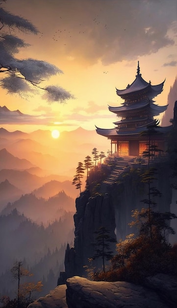 Foto un tempio giapponese su una scogliera con un tramonto sullo sfondo.