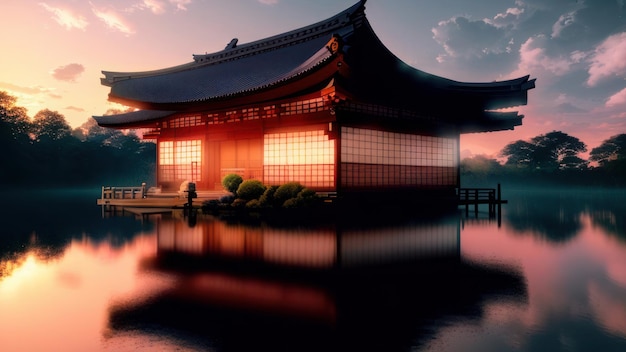 A japanese temple in the evening