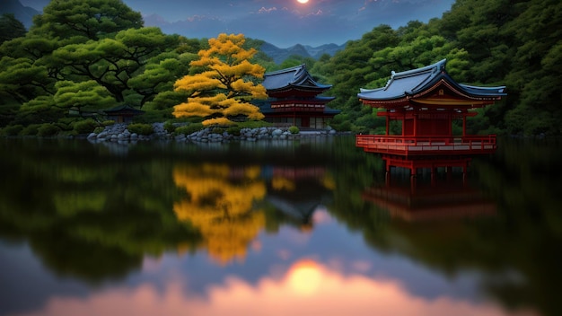 A japanese temple on a lake with a cloudy sky