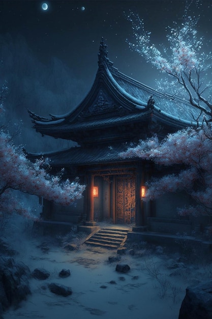 Japanese temple at night with a full moon in the sky generative ai