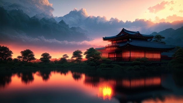 A japanese temple in the sunset