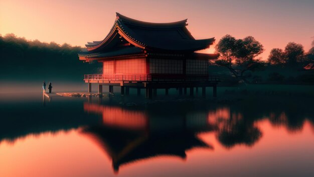 A japanese temple with a reflection of the sky and the sun