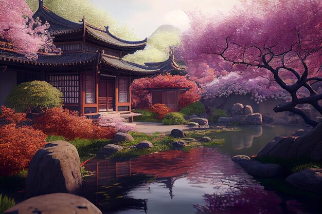 Photo japanese temple with spring flowers garden asian picturesque landscape with flower bed and