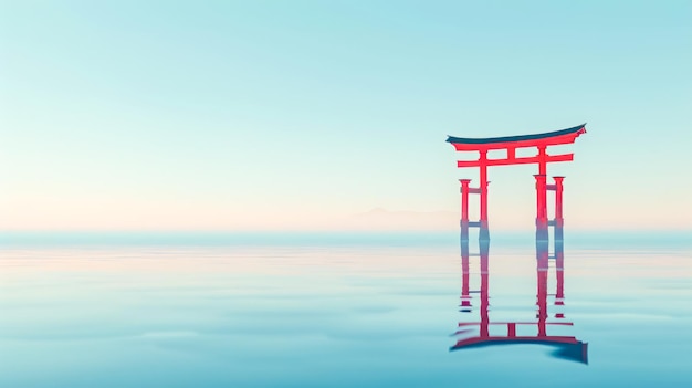 japanese torii gate standing in the middle of a calm ocean at sunset