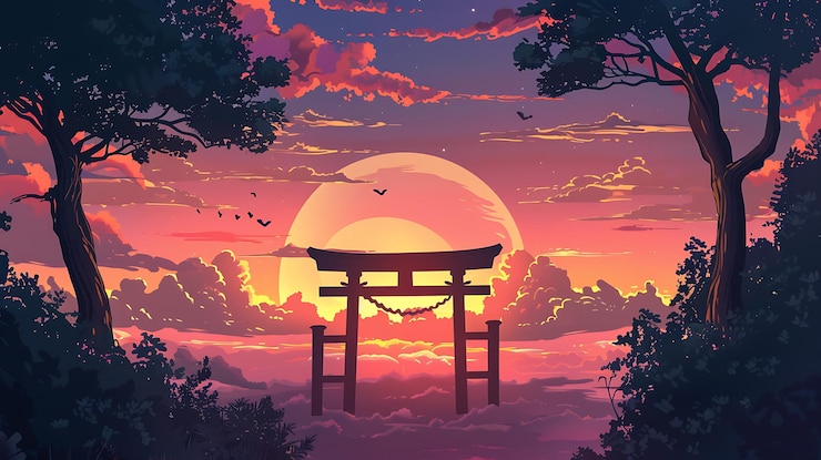Photo japanese torii gate at sunset with a silhouetted landscape