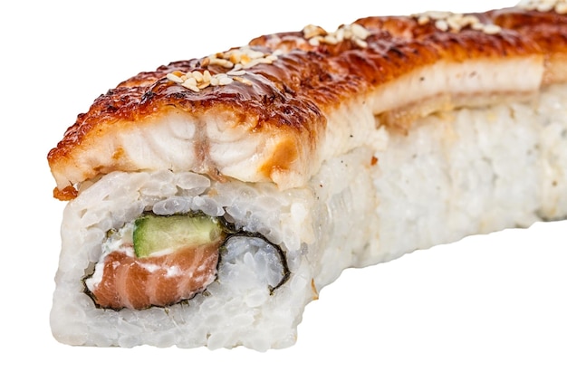 Japanese traditional Cuisine Maki Roll with Cucumber Cream Cheese and Raw Salmon and Eel
