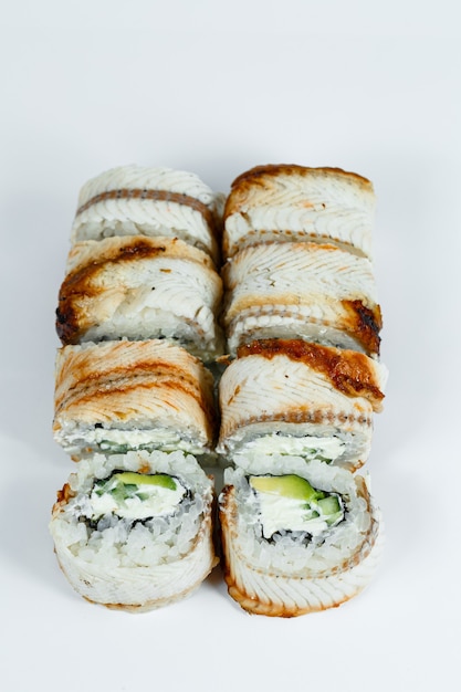 Japanese traditional food. Sushi rolls classic with fresh eel and cream cheese and caviar