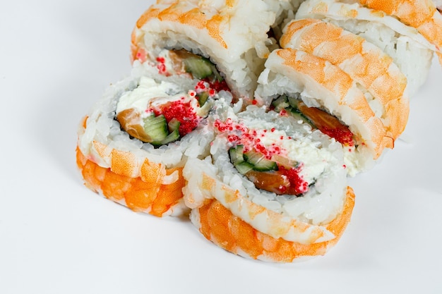 Japanese traditional food. Sushi rolls classic with fresh shrimps and cream cheese and caviar