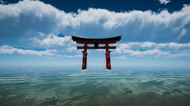 Japanese traditional gate Torii symbol of Shintoism Natural landscape 3D render