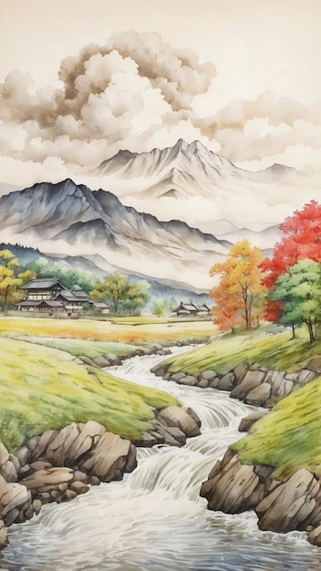 Photo japanese traditional landscape painting