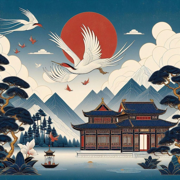 традиционный японский пейзаж с пагодой и летающей птицей
