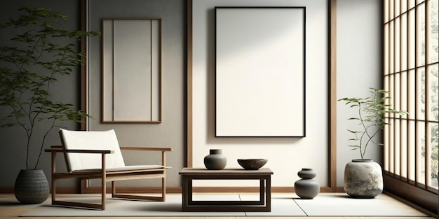 Japanese traditional room with two mockup frames for a poster Generative AI