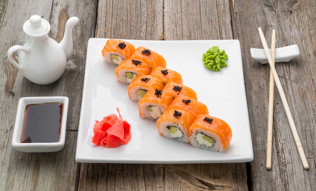 Japanese traditional sushi food and rolls with fresh seafood