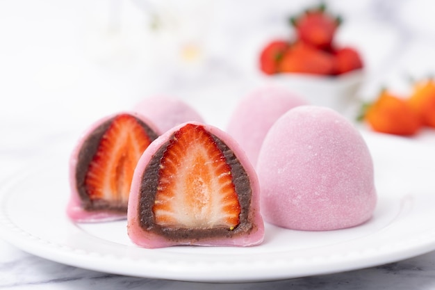 Japanese traditional sweet daifuku with fresh strawberry