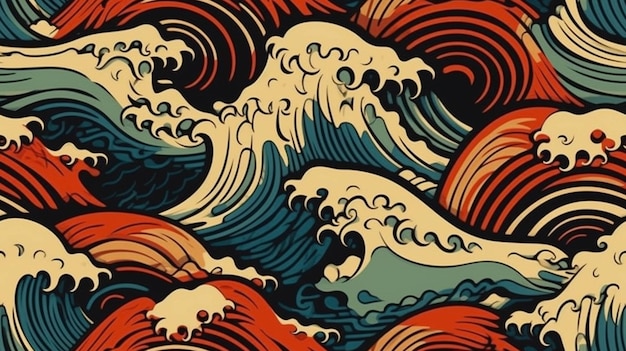 Japanese traditional wave motifs background texture design ocean waves seamless Generative AI