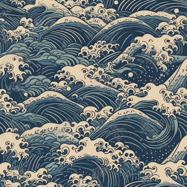 Japanese traditional wave motifs background texture design ocean waves seamless Generative AI