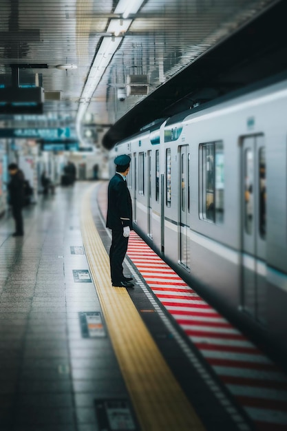 Japanese train conductor at a platform