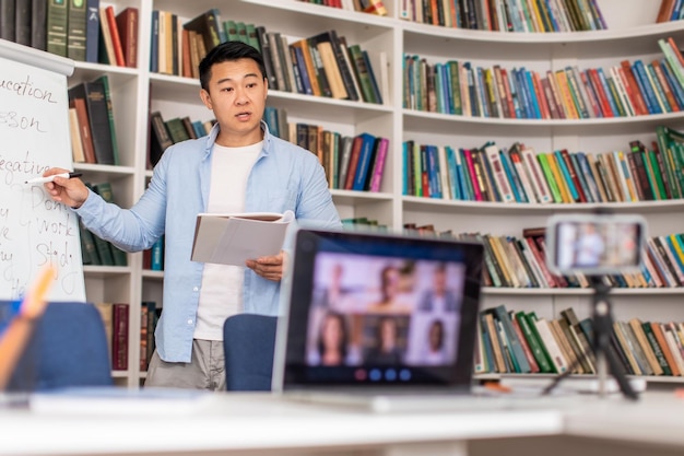 Photo japanese tutor having online class using laptop and smartphone indoor