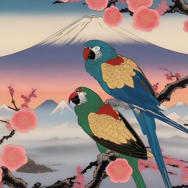 Japanese Ukiyoe painting of parrots with cherry blossoms and mountain background