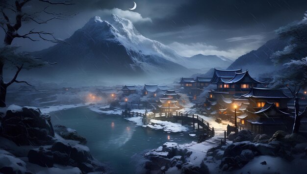 Japanese Villages Surrounded by Snow in Night Time