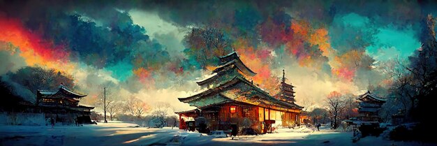 Japanese vintage concept art. Old traditional architecture. Asian winter. Colorful artistic scenery