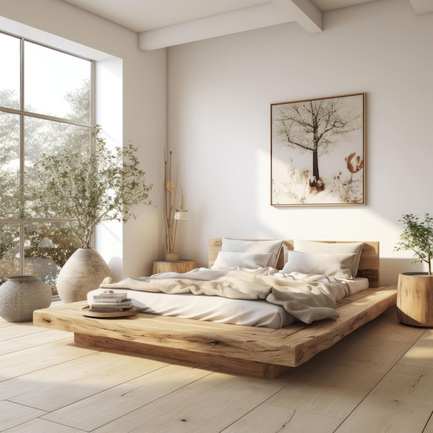 Japanese wabi sabi style bedroom with wooden furniture