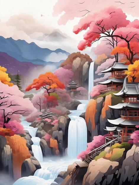 japanese waterfall landscape with autumn trees and waterfalls oil painting portrait