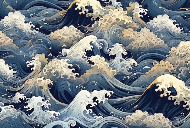 a japanese wave pattern on a blue background