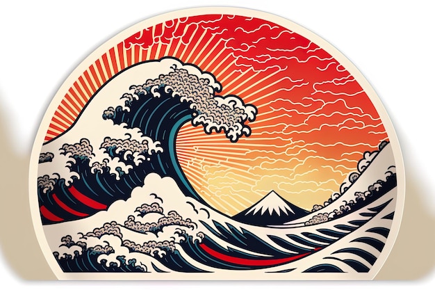 Japanese wave traditional sticker with white border