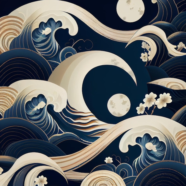 Photo a japanese wave with a moon and flowers on it