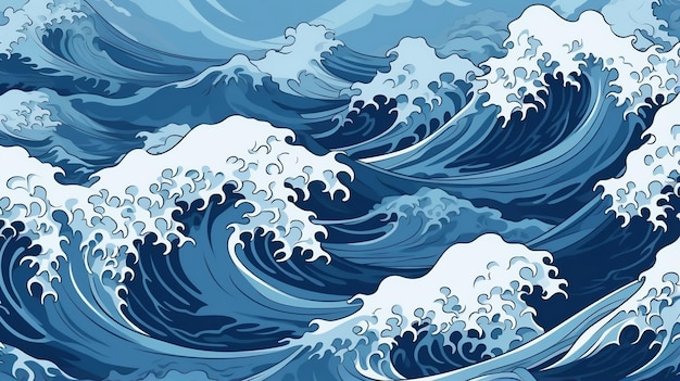 Japanese waves background Japanese blue ocean art Illustration