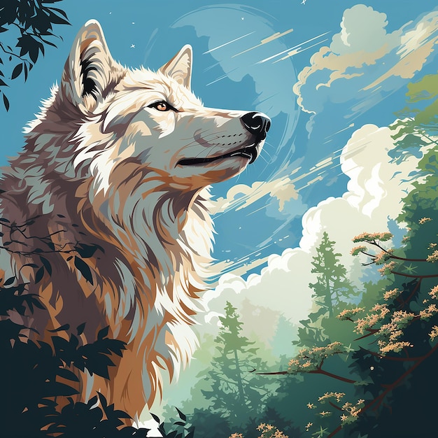 Japanese White Wolf Gazing at the Sky